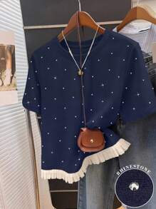 INAWLY Women's Casual Daily Rhinestone Decor Multi-Layer Ruffle Hem Loose Short Sleeve T-Shirt, Summer - Navy Blue - View 5