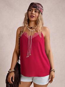 Freevana Plus Size Women Casual Lace Trim Solid Color Camisole