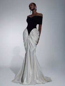 Elitara 优雅奢华黑白缎面拼布涂层面料不对称露肩荷叶边鱼尾下摆正式晚礼服女式 - 黑與白 - 查看 7