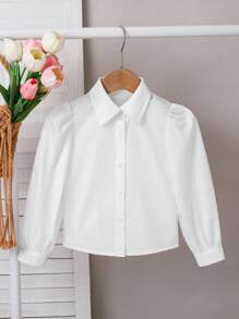 SHEIN 复古优雅少女灯笼袖衬衫，秋季白色纽扣衬衫，母女亲子装，适合秋冬季日常休闲穿着及上学穿着，返校季必备 - 白色 - 查看 3