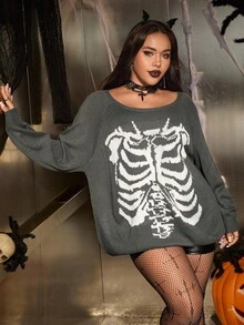 SHEIN EZwear Plus Size Women's Skull Jacquard Long Sleeve Pullover Sweater,Loose Fit Casual Goth Knitwear For Halloween,Autumn,Dark Grey Night Out,Daily Parties - Multicolor - View 3