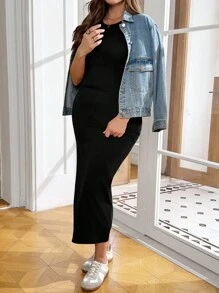 SHEIN Essnce 大码女装春秋时尚休闲高弹舒适日常基本百搭黑色简约修身长裙、紧身衣、秋季服装、教堂服装 - 黑色 - 查看 6