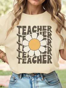 SHEIN LUNE 大码休闲花卉字母教师印花短袖T恤，夏季 - 杏色 - 查看 1