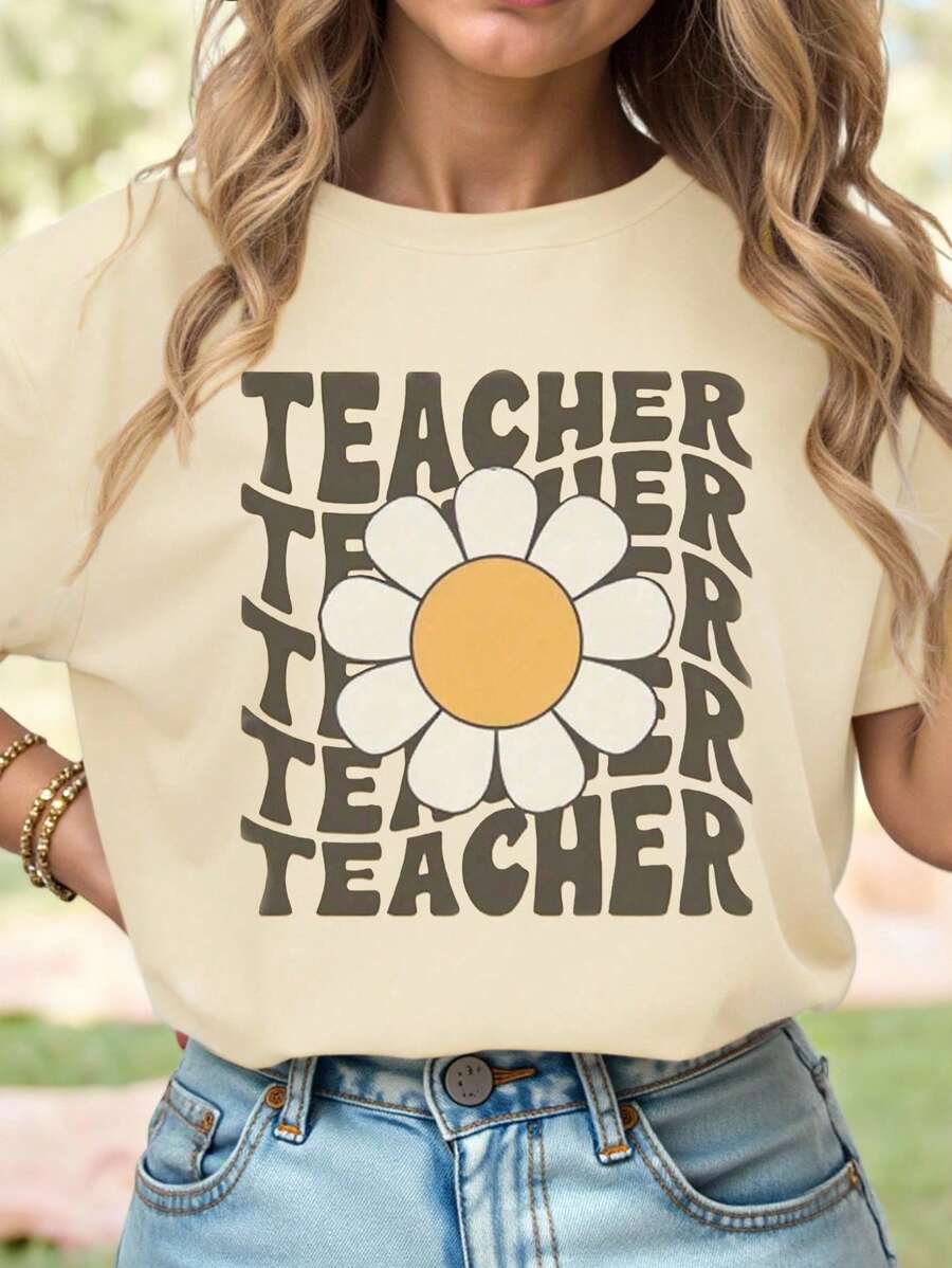 SHEIN LUNE 大码休闲花卉字母教师印花短袖T恤，夏季 - 杏色 - 查看 1