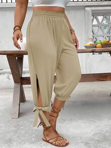 SHEIN LUNE Quần lửng cạp cao có dây rút cỡ lớn, thích hợp cho mùa xuân/hè. - Màu Khaki - Xem 3