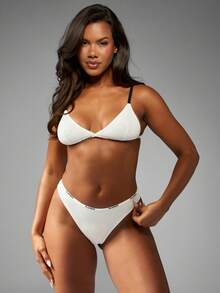 Missguided x Playboy Bộ đồ lót tam giác có gân cạp cao, quần lót dây thun, dây đeo có thể điều chỉnh, quần lót Hipster mềm mại, không đường may, thoải mái, mặc hàng ngày, bộ đồ lót cơ bản - trắng - Xem 3