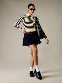 MISSGUIDED Maglione a coste corto a righe, con maniche lunghe, collo alto, stile Y2K, casual, preppy, stile francese, retrò, top blu navy e crema - Multicolore - Visualizzare 3
