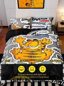 GARFIELD | SHEIN 3 件字母和卡通图案床上用品套装，拉绒面料，柔软温暖，黑色羽绒被套，适合单人/双人/大号/特大号床，适用于卧室装饰 - 灰色 - 查看 6