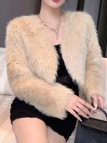 DAZY 女士V领短款宽松长袖优雅蓬松性感夹克秋冬蓬松外套 - 米色 - 查看 1