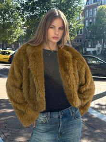 SHEIN EZwear 女士时尚休闲卡其色仿皮草夹克，秋冬 - 卡其色 - 查看 1