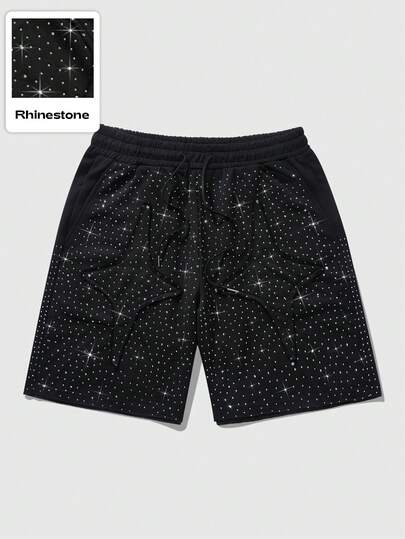 Street Life Unisex Casual Shorts With American Street Style Star Rhinestone Applique & Spray Paint Horse Print