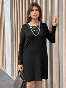 SHEIN LUNE Valentine's Day Dress Women Casual Lace Patchwork Long Sleeve Mini Dress, Simplistic Designvalentine Day - Black - View 4