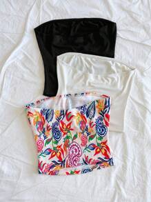 Soleia Conjunto de 3 tops de tubo bohemios de verano para salir, ropa occidental, para conciertos, rave y festival: top con estampado de paisley retro y textura acanalada color albaricoque, y top acanalado negro corto de punto para vacaciones - Multicolor - Ver 2