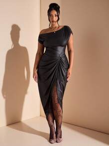 SHEIN BAE Plus Size Women Black Asymmetric Shoulder PU Elegant Long Slit Dress,Summer Formal Evening Night Out Club Wedding Guest Birthday Halloween Hoco Dress - Black - View 5