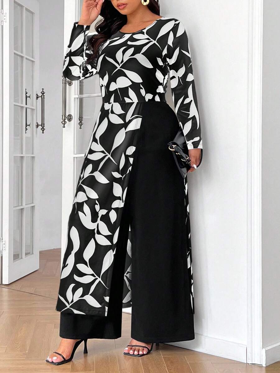 SHEIN Frenchy 大码优雅简约二合一连体裤 - 黑色 - 查看 1