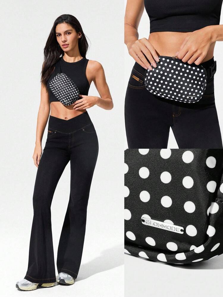 1L Dot And Go Mesh Water-Repellent Adjustable Strap Pockets Black Polka Dot Print Waist Crossbody Belt Bag Gym Workout Hike Vacation Daily Casual  Spring Summer