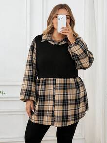 SHEIN CURVE+ 大码立领格子长灯笼袖针织撞色拼接休闲宽松衬衫，办公室装女士两件套纽扣装饰/秋冬 - 彩色 - 查看 7