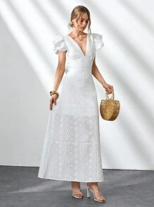CLARA VERO Women Solid Color Embroidery Detailed Maxi Dress - White - View 6