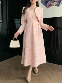 DAZY 2pcs/Set Women's Sleeveless Waist Cinched Dress And Long Sleeve Cardigan Set, Spring/Autumn Lounge Sets For Women - Pink - View 2