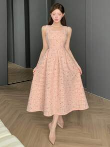 DAZY 2pcs/Set Women's Sleeveless Waist Cinched Dress And Long Sleeve Cardigan Set, Spring/Autumn Lounge Sets For Women - Pink - View 3
