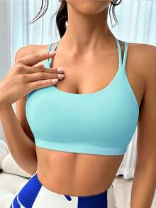 Menodora SHEIN Sport 女士纯色交叉后背日常健身运动文胸 - 淺藍色 - 查看 2