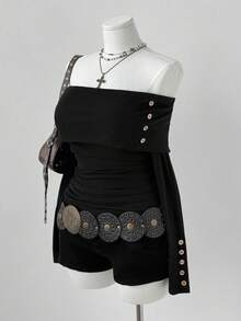 Sunspun Áo thun bodycon tay dài hở vai tối giản gợi cảm màu trơn - màu đen - Xem 2