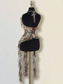 SHEIN ICON Fitted Tiger Stripe Mesh Sheer Long Tie Design Asymmetrical Hem Women Tank Top Ruffle Dress - Brown - View 7