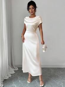 Elenzga 加大码女式束腰短袖宽松领口优雅百搭通勤约会派对长款舒适H型连衣裙 - 杏色 - 查看 5