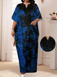 SHEIN Lady 2025 新款春夏秋冬优雅黑蓝色编织缺口长袍连衣裙蕾丝领度假大码连衣裙节日皇家蓝针织圆领喇叭袖荷叶边褶皱中长短袖大码连衣裙 - 藍色 - 查看 3