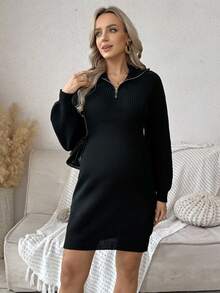 SHEIN Maternity Solid Color Long Sleeve Zip-Up Half Placket Fitted Knit Dress - Black - View 3