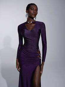 Elitara 优雅、浪漫、性感、简约、紫色、针织、串珠装饰、镂空、鱼尾下摆、时尚、节日、度假、生日派对、婚礼活动、伴娘礼服 - 紫色 - 查看 7