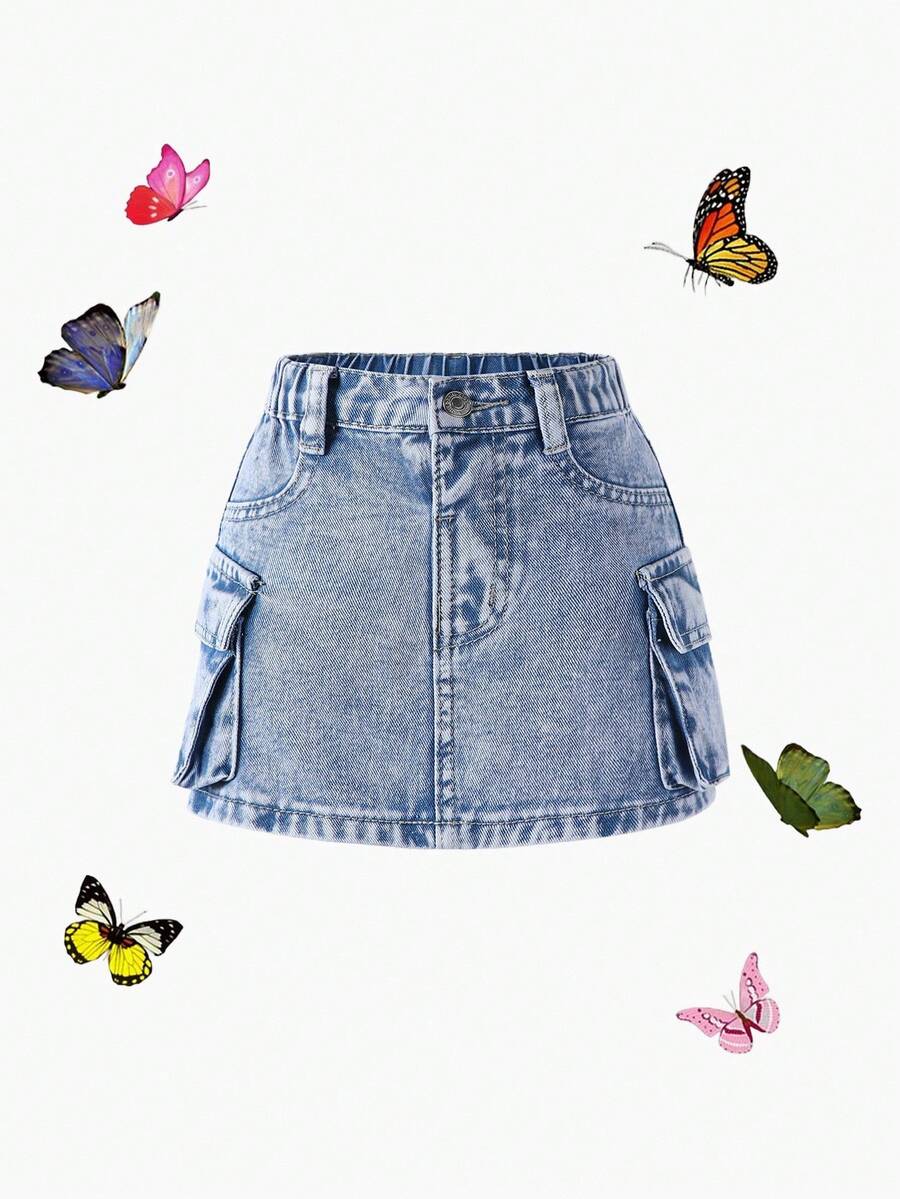 SHEIN Elladie kids 休闲宽松极简迷彩印花多口袋女童牛仔裙 - 淺色水洗藍 - 查看 1