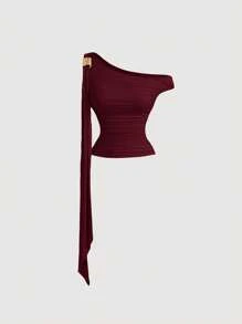 SHEIN MOD Conjunto de camisola elegante con volantes asimétricos y decoración vintage de metal - Burdeos - Ver 3