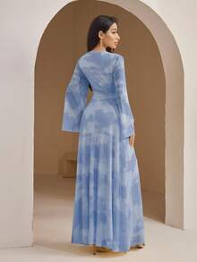 Veilorie Đầm dài tay cổ tròn in họa tiết tie-dye thanh lịch dành cho nữ - Màu xanh lam - Xem 2