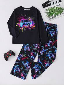 SHEIN Bộ 2 áo thun in hình trò chơi điện tử thường ngày cho bé trai tuổi mới lớn và quần ngủ in họa tiết trò chơi điện tử thoải mái - Màu xanh hải quân - Xem 4