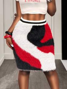 SHEIN BamGlam 女式拼色毛绒针织毛衣裙，休闲街头风格，性感黑白红撞色 - 紅白色 - 查看 4