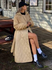 Livesso Women's Padded Coat, Windbreaker Style Rhombus Pattern Loose Solid Color Long Coat, Autumn/Winter - Khaki - View 4