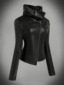 Sunspun Giacca con chiusura lampo, manica lunga, colletto in PU, chiusura obliqua, taglie comode