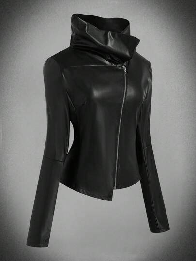 Sunspun 加大码 PU 领斜襟拉链长袖夹克