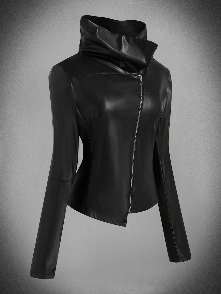 Sunspun Giacca con chiusura lampo, manica lunga, colletto in PU, chiusura obliqua, taglie comode