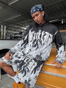 Manfinity Roghcode Men's Dark Gothic Skeleton Flame Print Hoodie&Shorts Set,Oversized Streetwear,Black,Autumn,City Break,High Street Digital Skull Letter Graphic Suit - Black - View 3