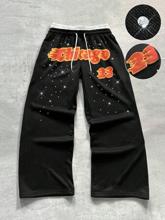 Street Life Men's Casual Printed Rhinestone Sweatpants, Fashionable