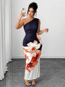 Elenzga 加大码无袖修身长款针织斜肩印花连衣裙 生日女士 生日女士休闲连衣裙 女士夏季服装 女装 大印花大碎花长裙 及臀长裙 优雅长裙 秋季女装 - 藏蓝色 - 查看 4