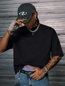 AXEPEAK Men's Knitted Casual Loose Fit Short Sleeve T-Shirt, Fashionable Daily Wear, Emo, 2000s Style - Black - View 4