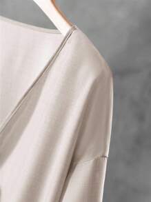 Linhara Bộ 2 món áo dài tay và quần dài cỡ lớn cho nữ, màu trơn thường ngày, mùa thu - Màu be - Xem 7