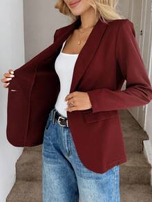 SHEIN LUNE 2024秋冬新款灰绿色女士腰部纽扣西装外套 - 酒紅色 - 查看 7