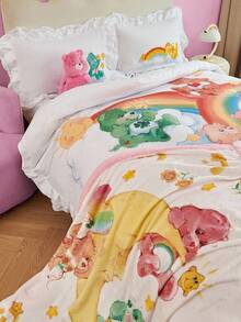 SHEIN X Care Bears 3pc Rainbow & Cartoon Bear Print Ruffle Trim Bedding Set,Gifts Suitable For Single Bed/Double Bed/Queen Bed/King Bed, Dormitory/Home - White - View 7