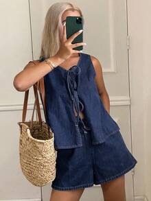 DAZY Women's Summer Round Neck Tie Front Sleeveless Top And Loose Casual Denim Shorts Set - Navy Blue - View 3