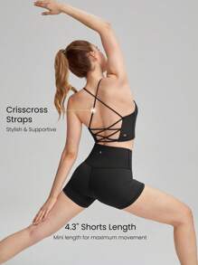 GLOWMODE Áo ngực thể thao FeatherFit™ & Bộ quần đùi 4,3'' Áo ngực đan chéo lưng với quần đùi đeo chéo dành cho người đi xe đạp Tác động thấp Yoga Chạy bộ hàng ngày Tập thể dục mùa hè - màu đen - Xem 3