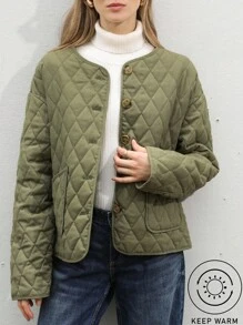 Aveloria Modichic 时尚休闲百搭通勤仿亚麻菱形绗缝圆领口袋纽扣女式夹棉大衣 - 軍綠色 - 查看 1